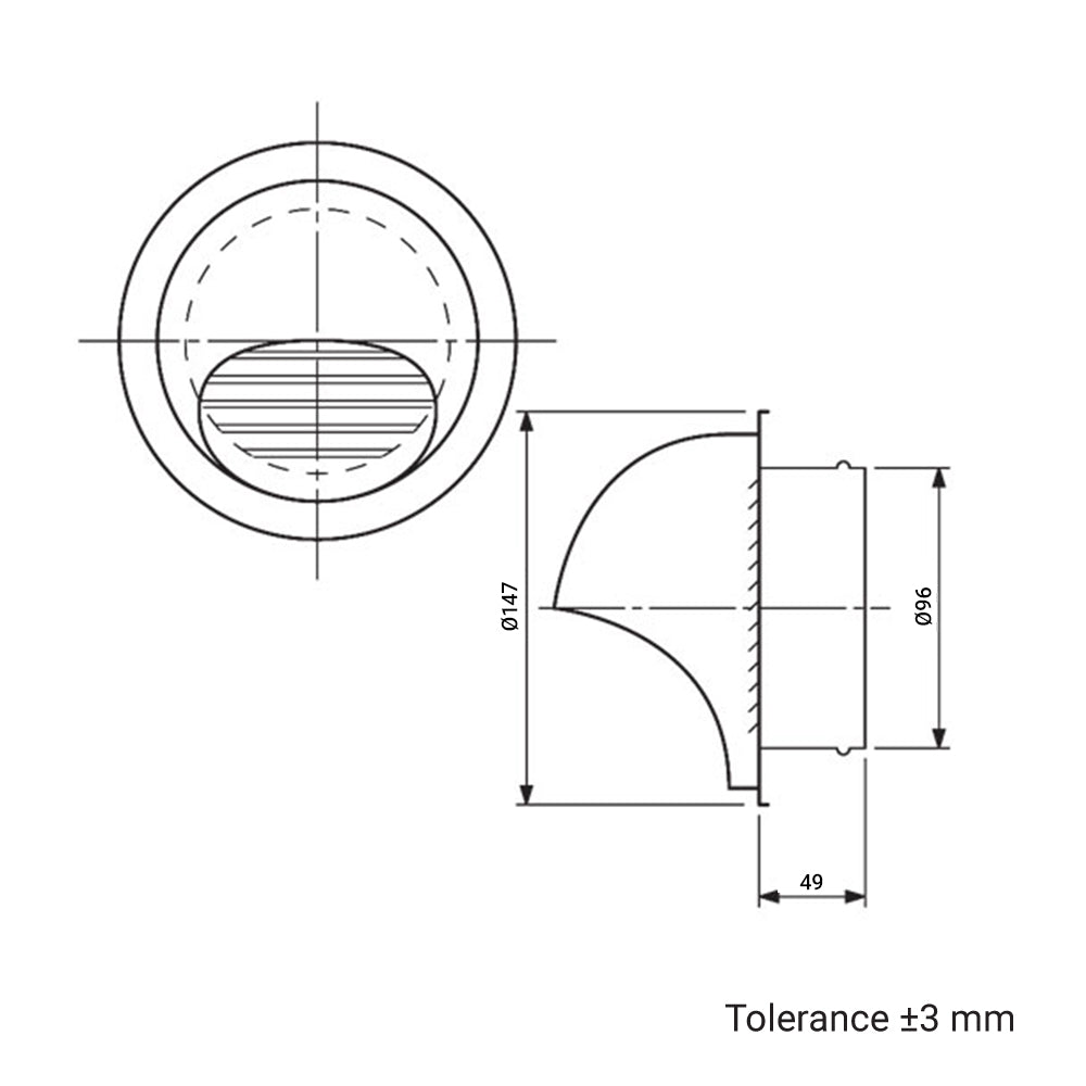 Schwarzes Edelstahl-Lüftungsgitter Dalap SUVLAD 100, mit Wetterschutz, Netz und Flansch, Ø 100 mm