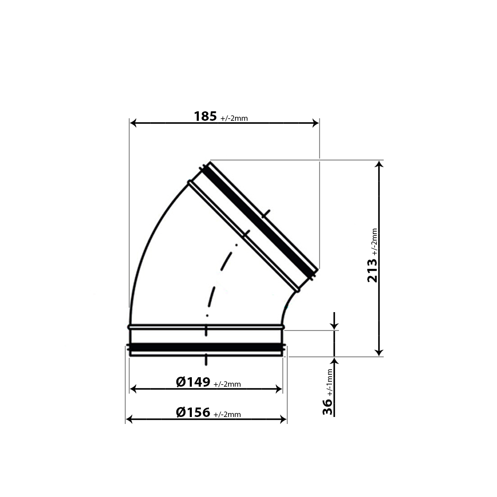 Metall Bogen 45° mit Gummidichtung für Rundrohre Ø 150 mm