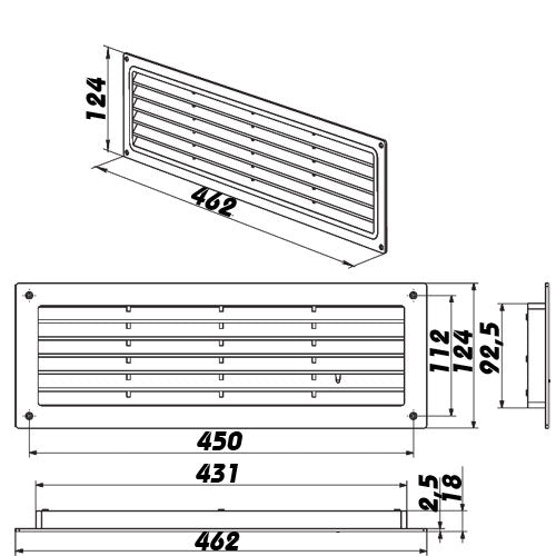 Türluftgitter PVC mit Jalousien und Regler für manuelle Regulierung 462x124 mm, weiß