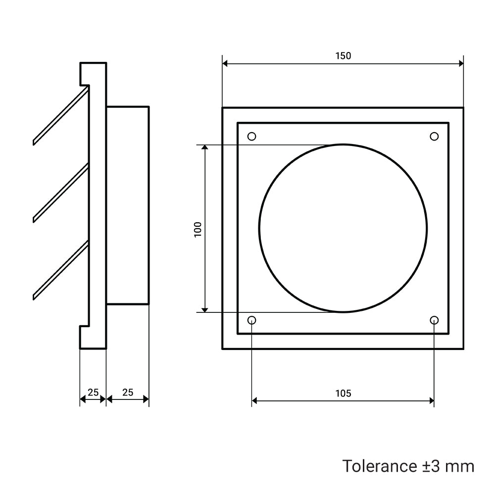 Lüftungsgitter mit Schwerkraftjalousie und Flansch Dalap GP 100 RNFG ASA, 150x150 mm / Ø 100 mm, weiß